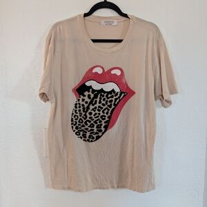 Free People X Daydreamer Cream Rolling Stones Flocked Leopard Tongue Tee Size L